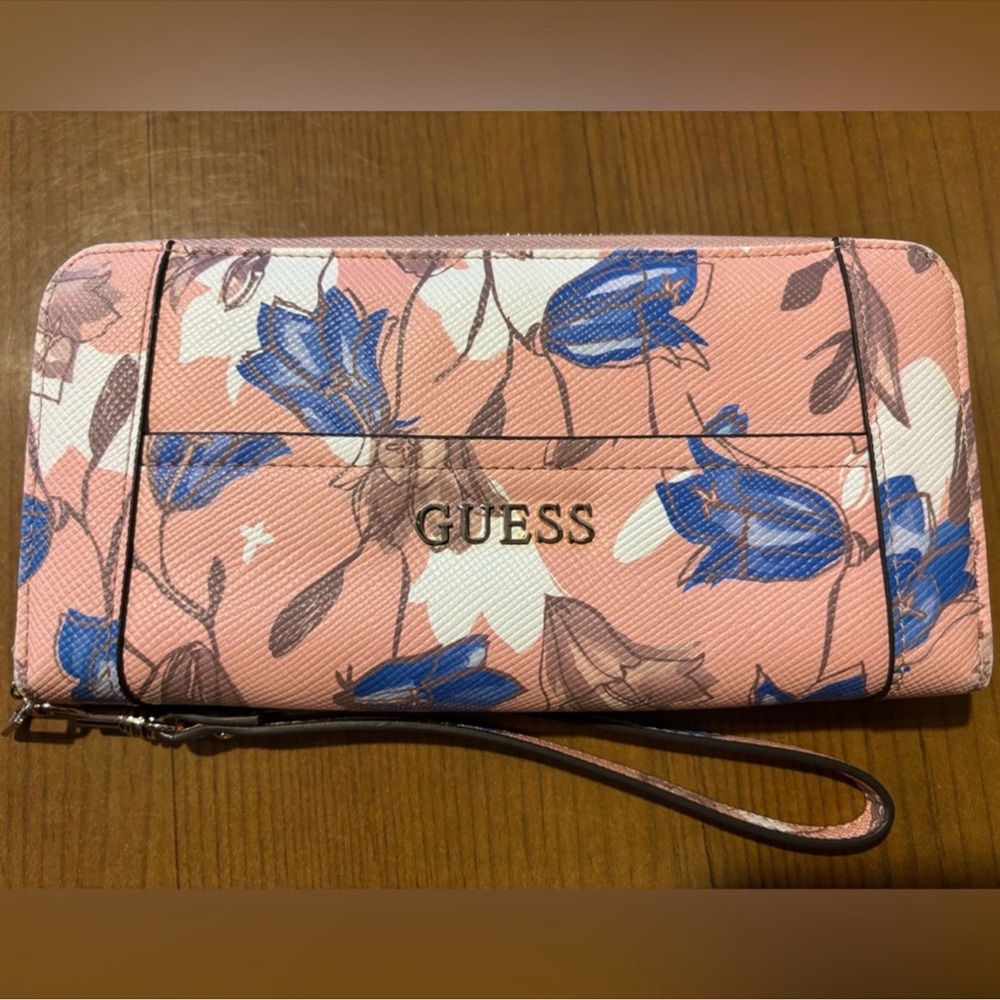 GUESS Pink Floral Wristlet Wallet with Blue Accents